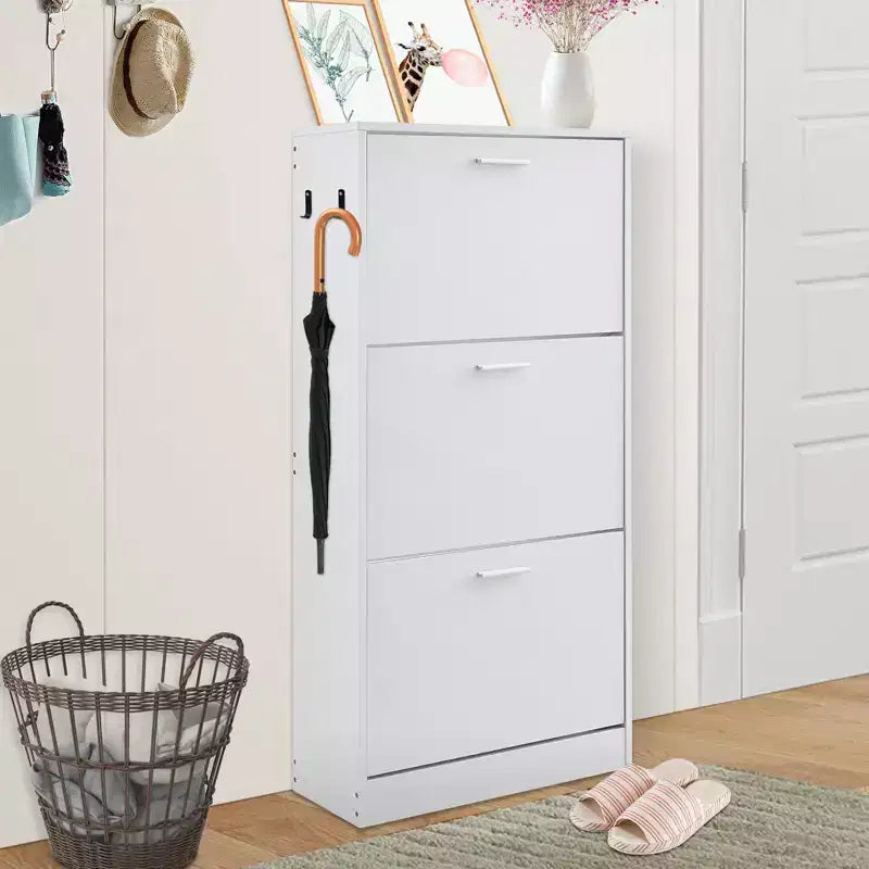 Shoe Cabinet with 3 Flip Drawers, Shoe Storage Cabinet for Entryway, Free Standing Shoe Storage Organizer with Side Hooks for Heels, Boots