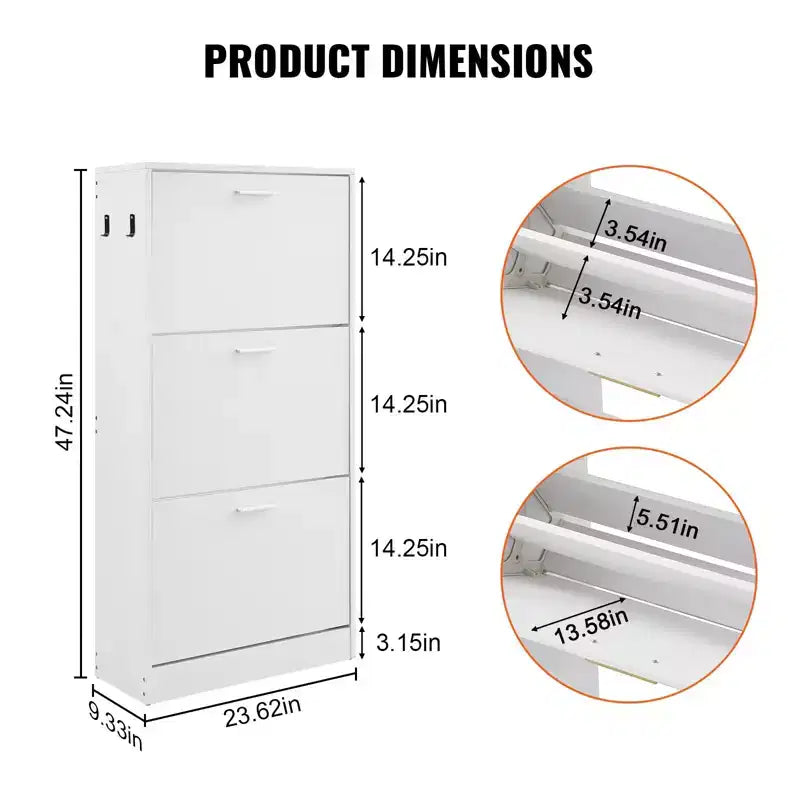 Shoe Cabinet with 3 Flip Drawers, Shoe Storage Cabinet for Entryway, Free Standing Shoe Storage Organizer with Side Hooks for Heels, Boots