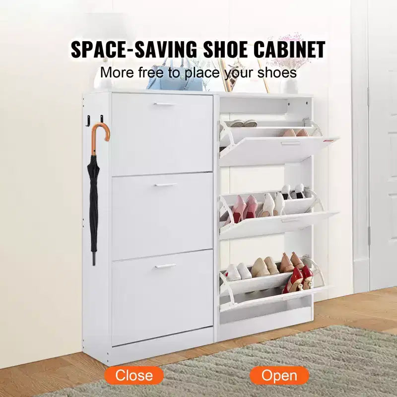 Shoe Cabinet with 3 Flip Drawers, Shoe Storage Cabinet for Entryway, Free Standing Shoe Storage Organizer with Side Hooks for Heels, Boots