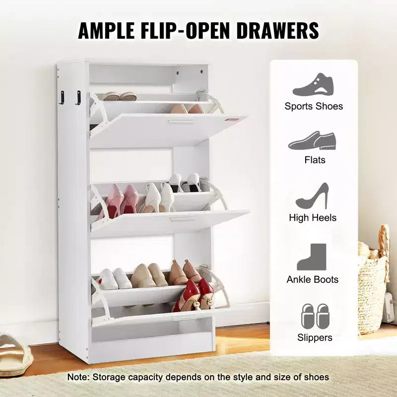 Shoe Cabinet with 3 Flip Drawers, Shoe Storage Cabinet for Entryway, Free Standing Shoe Storage Organizer with Side Hooks for Heels, Boots