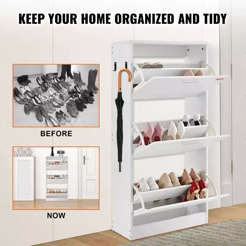 Shoe Cabinet with 3 Flip Drawers, Shoe Storage Cabinet for Entryway, Free Standing Shoe Storage Organizer with Side Hooks for Heels, Boots