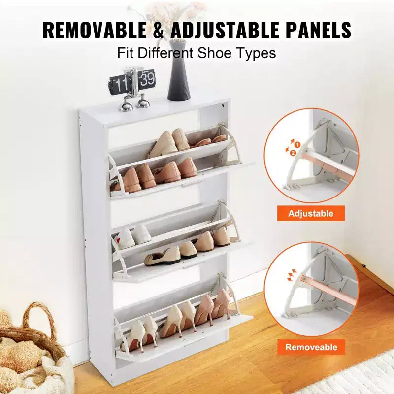 Shoe Cabinet with 3 Flip Drawers, Shoe Storage Cabinet for Entryway, Free Standing Shoe Storage Organizer with Side Hooks for Heels, Boots