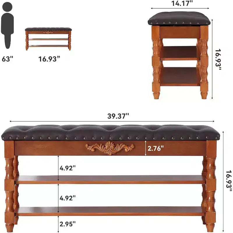 Shoe Rack Bench with Flip-Top Storage and Leather Cushion, Wooden Entryway Bench for Bedroom, Mudroom, Hallway, Vintage Brown