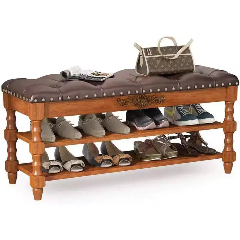 Shoe Rack Bench with Flip-Top Storage and Leather Cushion, Wooden Entryway Bench for Bedroom, Mudroom, Hallway, Vintage Brown