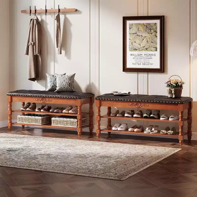 Shoe Rack Bench with Flip-Top Storage and Leather Cushion, Wooden Entryway Bench for Bedroom, Mudroom, Hallway, Vintage Brown