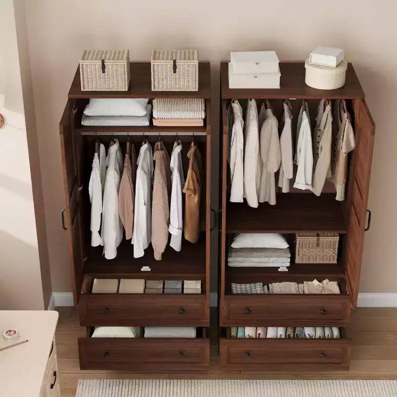 72 Armoire Wardrobe Closet with 2 Doors & 2 Drawers, Wooden Clothing Storage Cabinet with Hanging Rod & Adjustable Shel