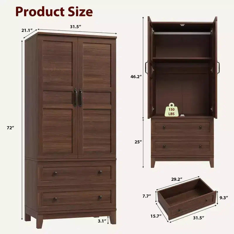 72 Armoire Wardrobe Closet with 2 Doors & 2 Drawers, Wooden Clothing Storage Cabinet with Hanging Rod & Adjustable Shel