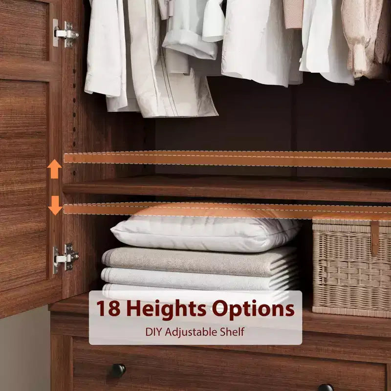 72 Armoire Wardrobe Closet with 2 Doors & 2 Drawers, Wooden Clothing Storage Cabinet with Hanging Rod & Adjustable Shel