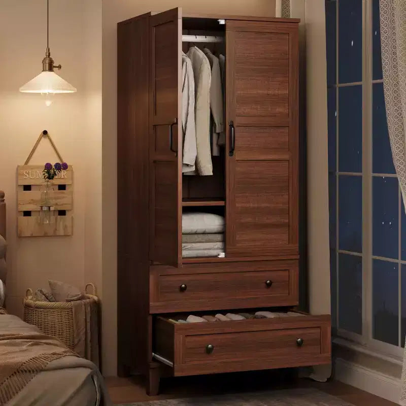 72 Armoire Wardrobe Closet with 2 Doors & 2 Drawers, Wooden Clothing Storage Cabinet with Hanging Rod & Adjustable Shel