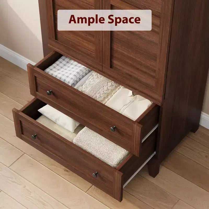 72 Armoire Wardrobe Closet with 2 Doors & 2 Drawers, Wooden Clothing Storage Cabinet with Hanging Rod & Adjustable Shel