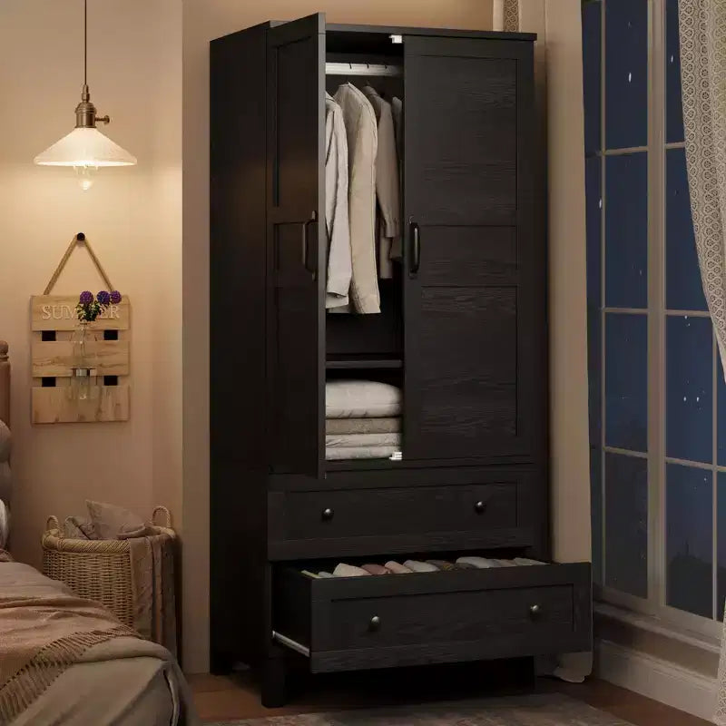 72 Armoire Wardrobe Closet with 2 Doors & 2 Drawers, Wooden Clothing Storage Cabinet with Hanging Rod & Adjustable Shel