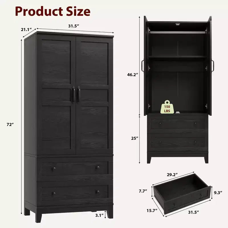 72 Armoire Wardrobe Closet with 2 Doors & 2 Drawers, Wooden Clothing Storage Cabinet with Hanging Rod & Adjustable Shel
