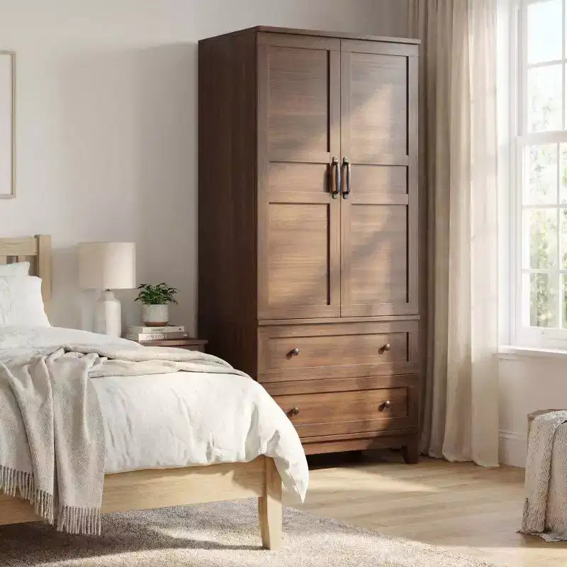 72 Armoire Wardrobe Closet with 2 Doors & 2 Drawers, Wooden Clothing Storage Cabinet with Hanging Rod & Adjustable Shel