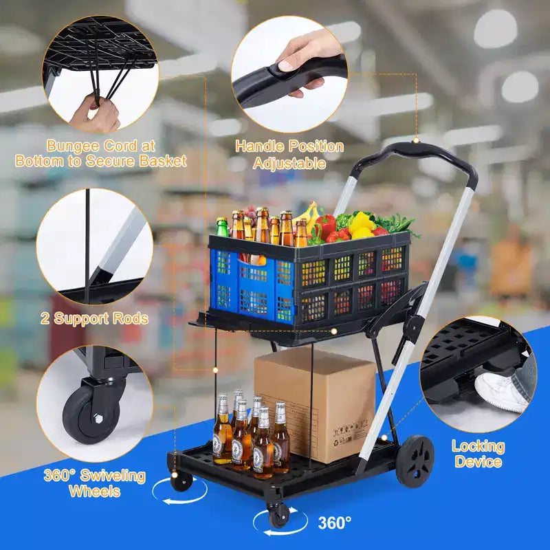 Space-Saving 2-Tier Outdoor Garden Cart, Removable Storage Crate, Lightweight Aluminum Utility Trolley with Wheels for Shopping,Picnic,Home,Gardening