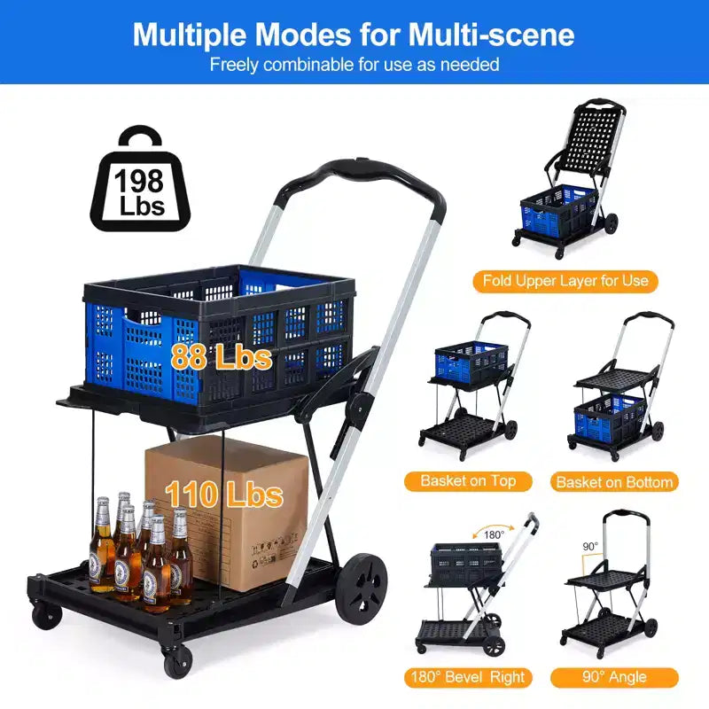 Space-Saving 2-Tier Outdoor Garden Cart, Removable Storage Crate, Lightweight Aluminum Utility Trolley with Wheels for Shopping,Picnic,Home,Gardening