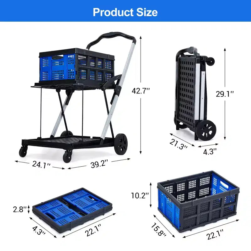 Space-Saving 2-Tier Outdoor Garden Cart, Removable Storage Crate, Lightweight Aluminum Utility Trolley with Wheels for Shopping,Picnic,Home,Gardening