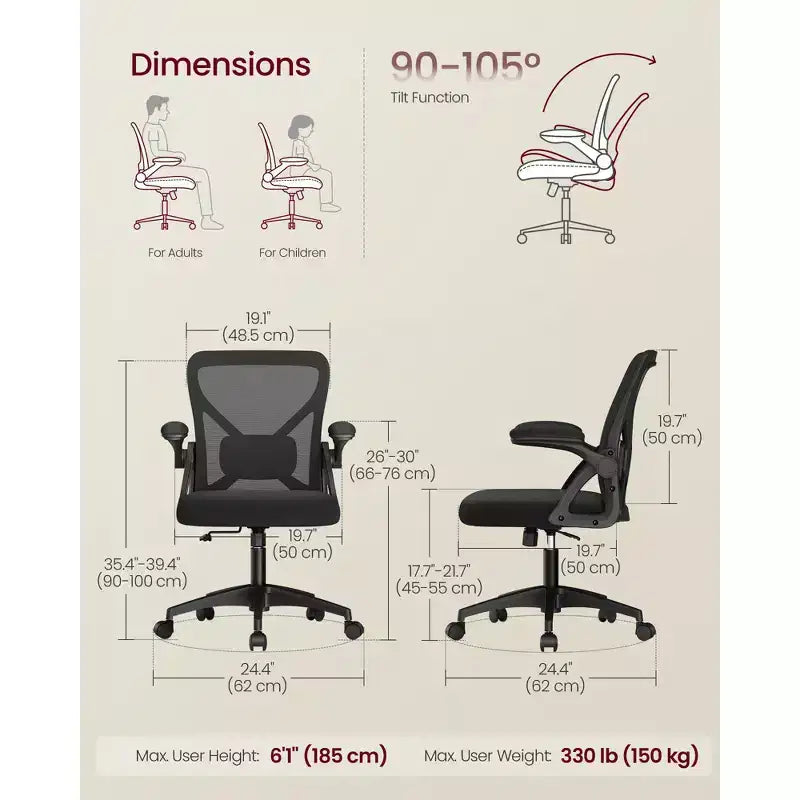Ergonomic Mesh Office Chair with Adjustable Lumbar Support, 90-105 Tilt Function, Wide Seat, FlipUp Armrests