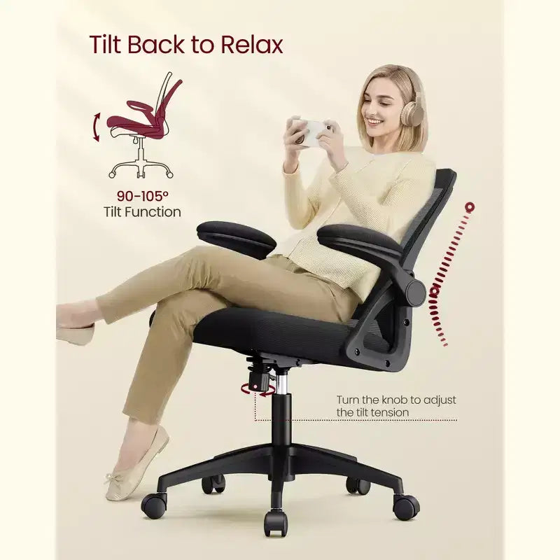 Ergonomic Mesh Office Chair with Adjustable Lumbar Support, 90-105 Tilt Function, Wide Seat, FlipUp Armrests