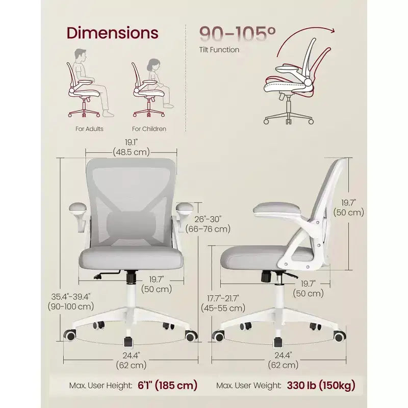 Ergonomic Mesh Office Chair with Adjustable Lumbar Support, 90-105 Tilt Function, Wide Seat, FlipUp Armrests