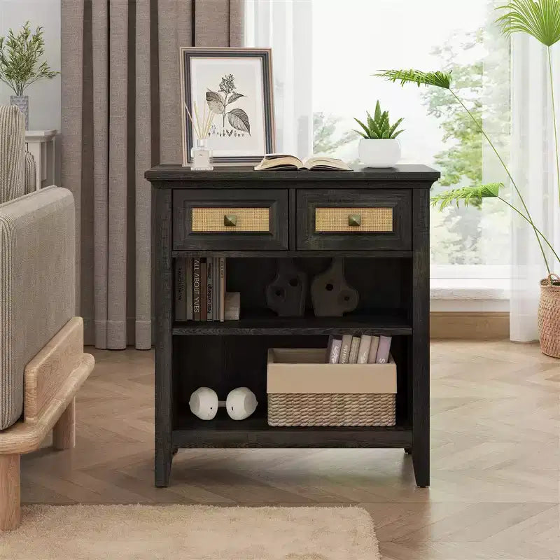Boho Rattan Storage Cabinet with 2 Drawers & 2 Shelves, Modern Accent Cabinet for Entryway Living Room, Coffee