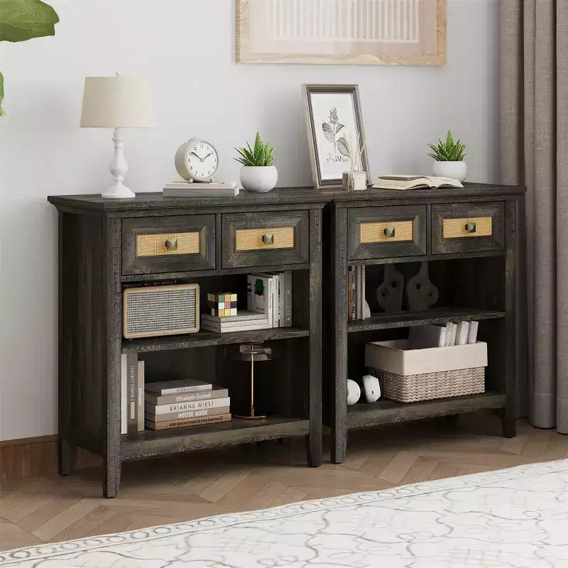 Boho Rattan Storage Cabinet with 2 Drawers & 2 Shelves, Modern Accent Cabinet for Entryway Living Room, Coffee