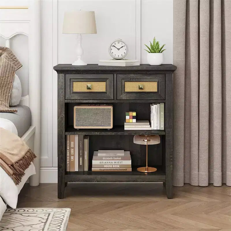 Boho Rattan Storage Cabinet with 2 Drawers & 2 Shelves, Modern Accent Cabinet for Entryway Living Room, Coffee
