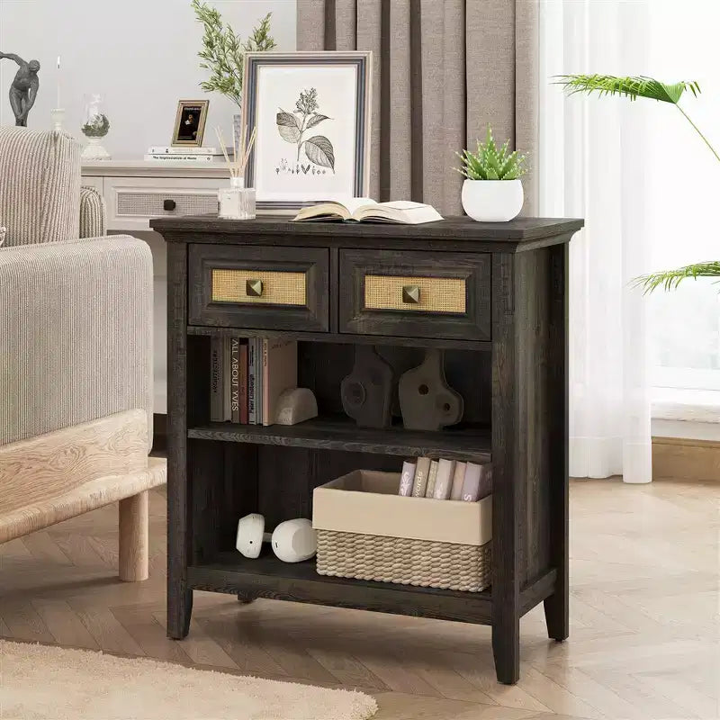 Boho Rattan Storage Cabinet with 2 Drawers & 2 Shelves, Modern Accent Cabinet for Entryway Living Room, Coffee