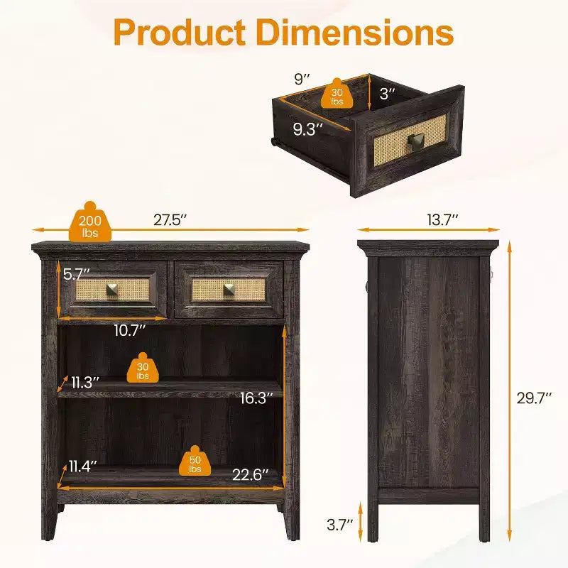 Boho Rattan Storage Cabinet with 2 Drawers & 2 Shelves, Modern Accent Cabinet for Entryway Living Room, Coffee