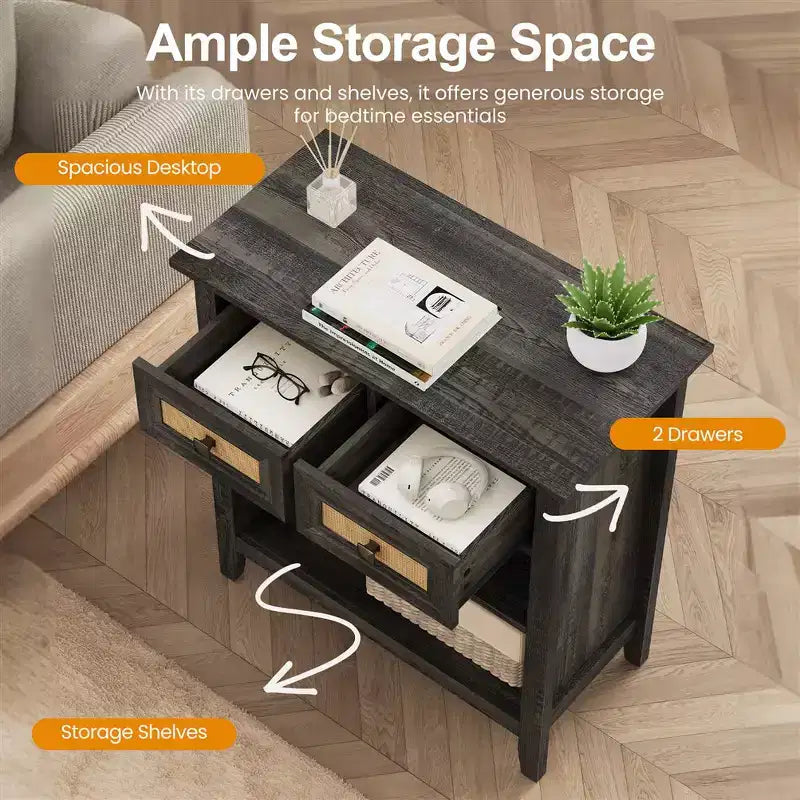 Boho Rattan Storage Cabinet with 2 Drawers & 2 Shelves, Modern Accent Cabinet for Entryway Living Room, Coffee