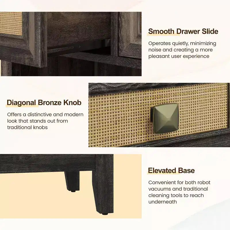 Boho Rattan Storage Cabinet with 2 Drawers & 2 Shelves, Modern Accent Cabinet for Entryway Living Room, Coffee