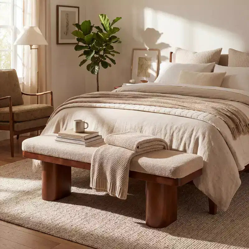 Fernando Modern Wooden Upholstered Bench with Rubberwood Legs
