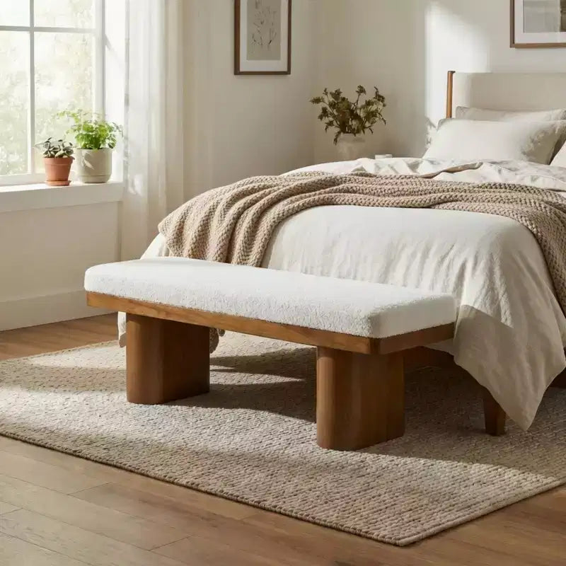 Fernando Modern Wooden Upholstered Bench with Rubberwood Legs