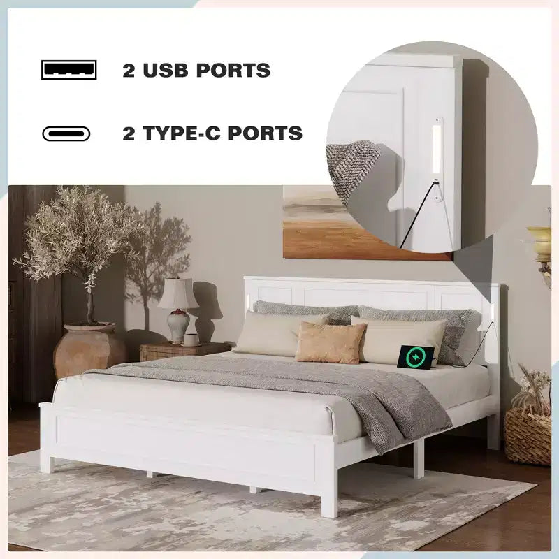 Minnie Modern Pine Wood Bed with Tall-Panel Headboard and Footboard