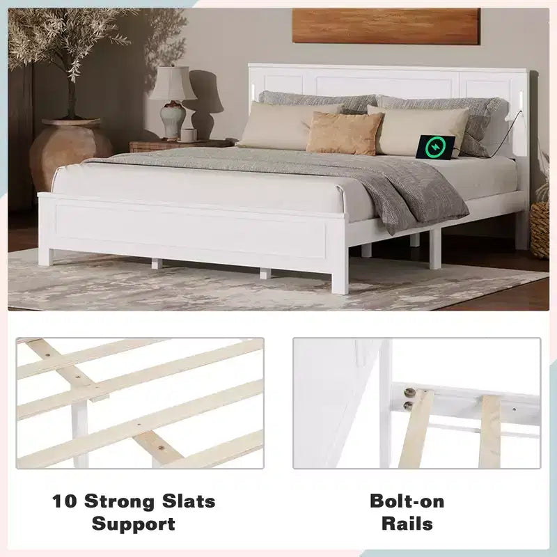 Minnie Modern Pine Wood Bed with Tall-Panel Headboard and Footboard