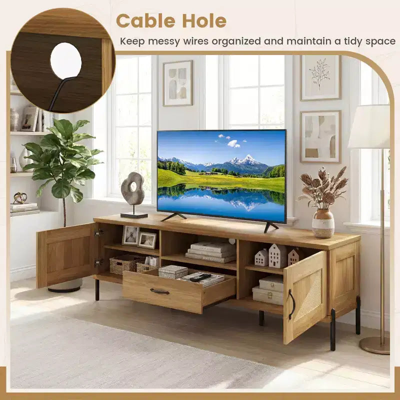 Rattan TV Stand for TVs up to 80 with 2 Storage Cabinets, Open Shelf & Drawer