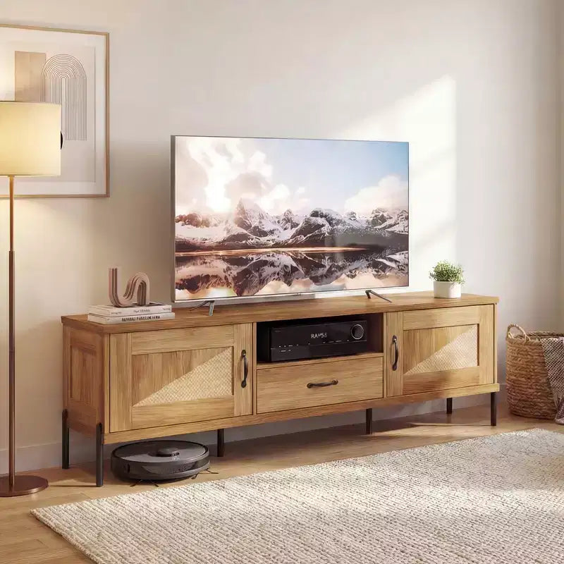 Rattan TV Stand for TVs up to 80 with 2 Storage Cabinets, Open Shelf & Drawer