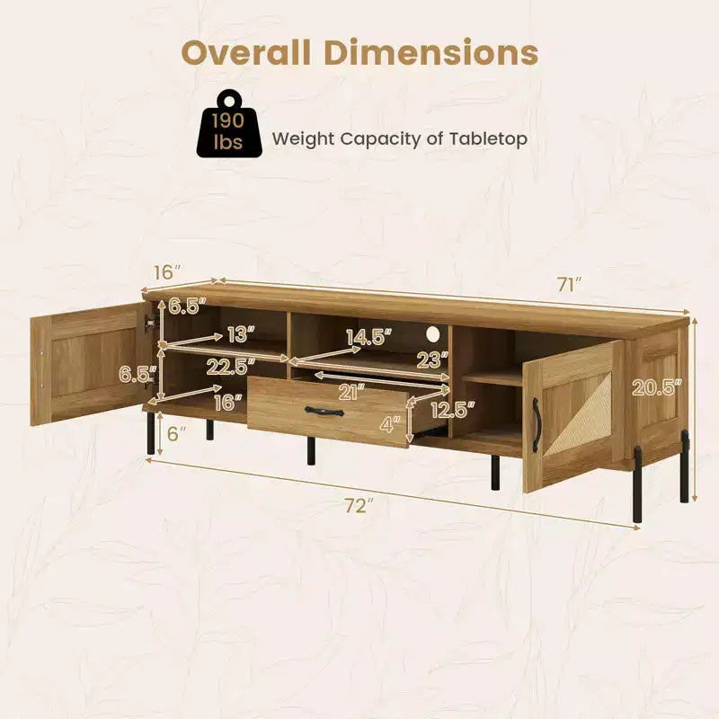 Rattan TV Stand for TVs up to 80 with 2 Storage Cabinets, Open Shelf & Drawer