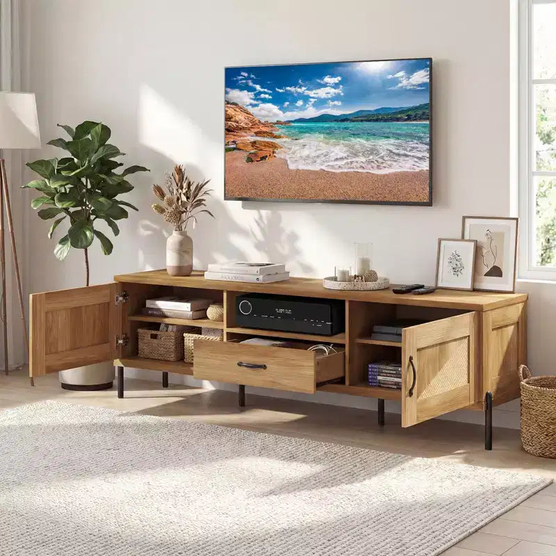 Rattan TV Stand for TVs up to 80 with 2 Storage Cabinets, Open Shelf & Drawer