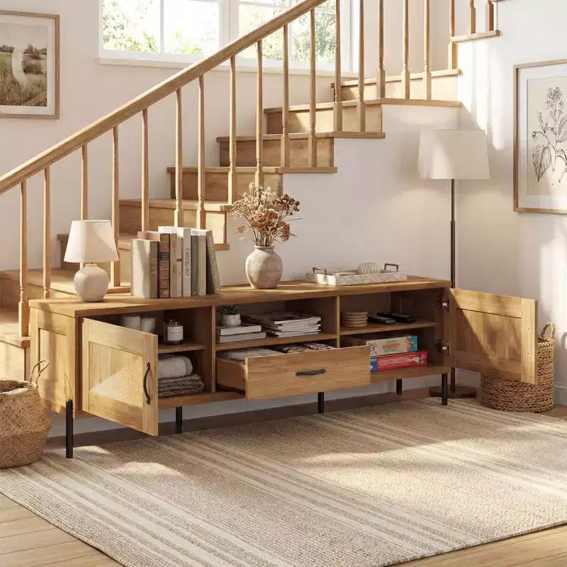 Rattan TV Stand for TVs up to 80 with 2 Storage Cabinets, Open Shelf & Drawer