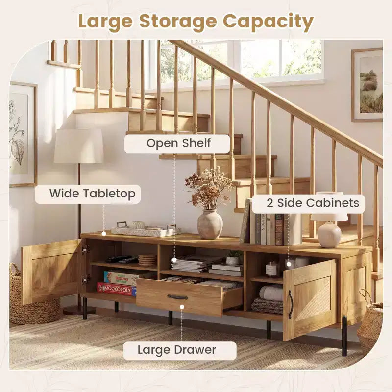 Rattan TV Stand for TVs up to 80 with 2 Storage Cabinets, Open Shelf & Drawer