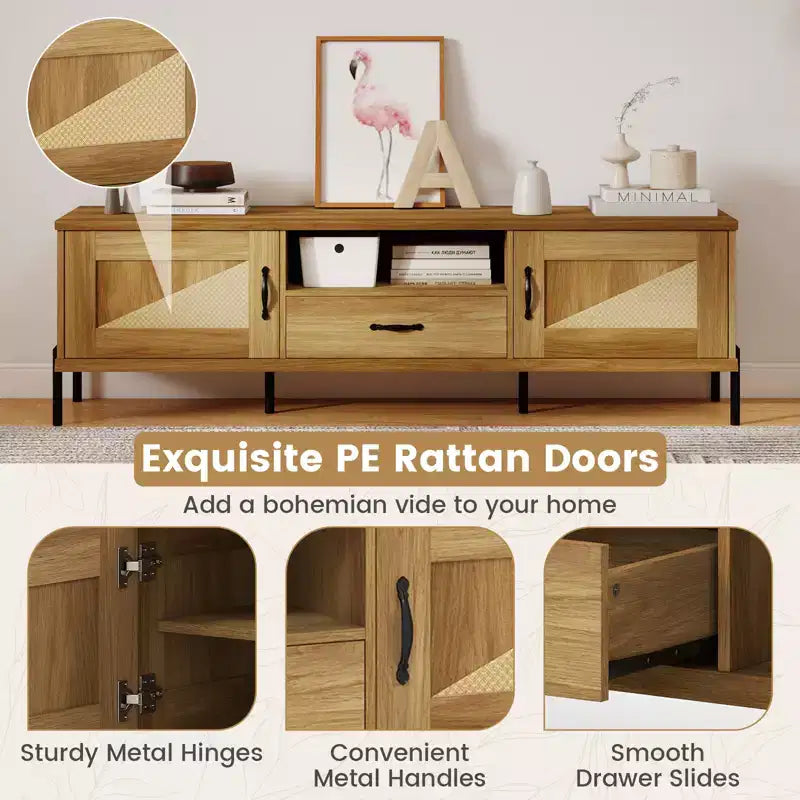 Rattan TV Stand for TVs up to 80 with 2 Storage Cabinets, Open Shelf & Drawer