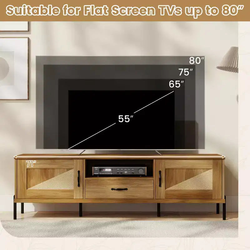 Rattan TV Stand for TVs up to 80 with 2 Storage Cabinets, Open Shelf & Drawer