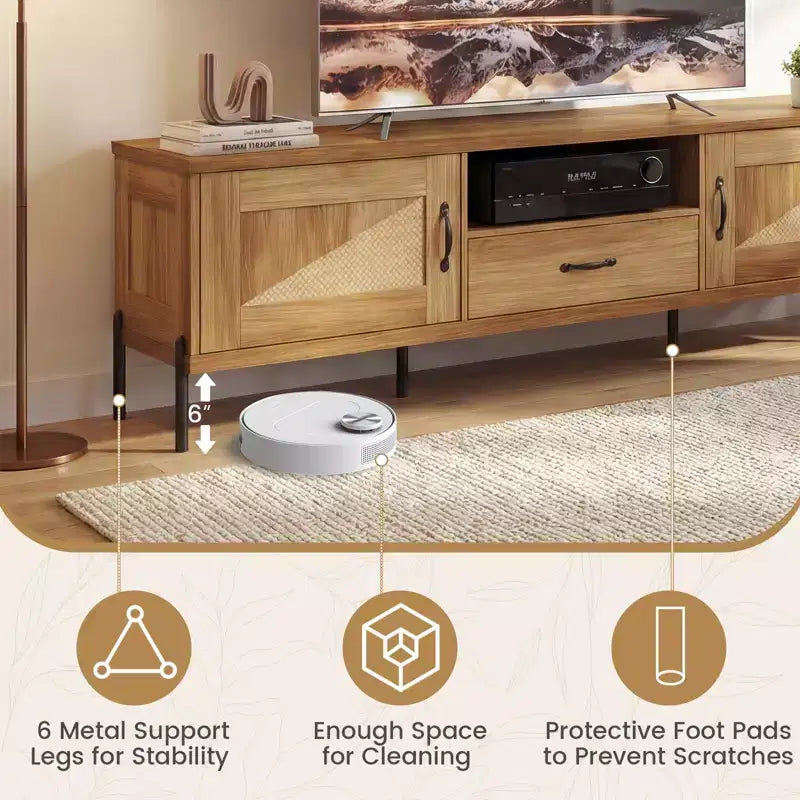 Rattan TV Stand for TVs up to 80 with 2 Storage Cabinets, Open Shelf & Drawer