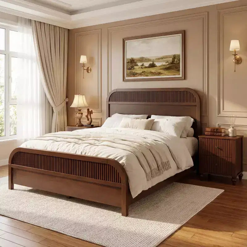 Bennett Mid-Century Modern Wood Platform Bed Frame with Slat Headboard