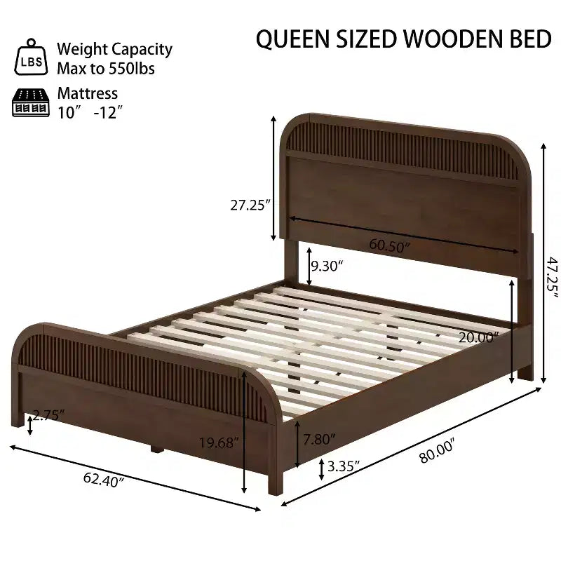 Bennett Mid-Century Modern Wood Platform Bed Frame with Slat Headboard