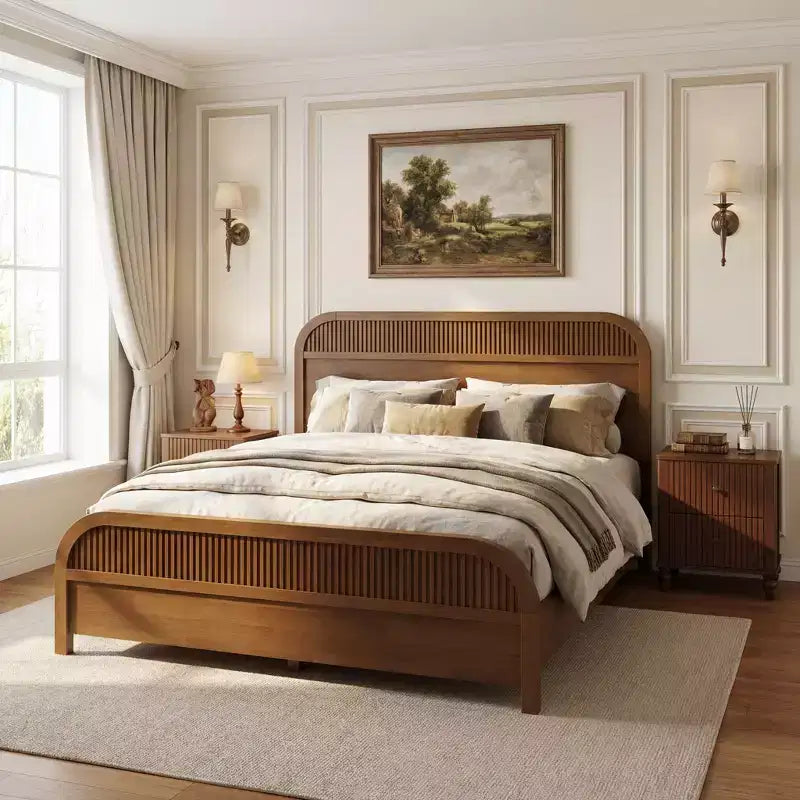Bennett Mid-Century Modern Wood Platform Bed Frame with Slat Headboard