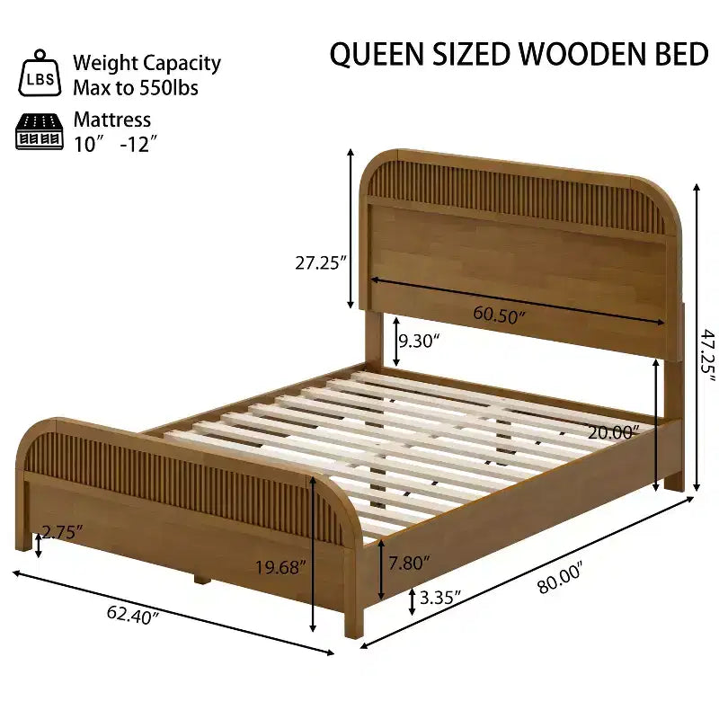 Bennett Mid-Century Modern Wood Platform Bed Frame with Slat Headboard
