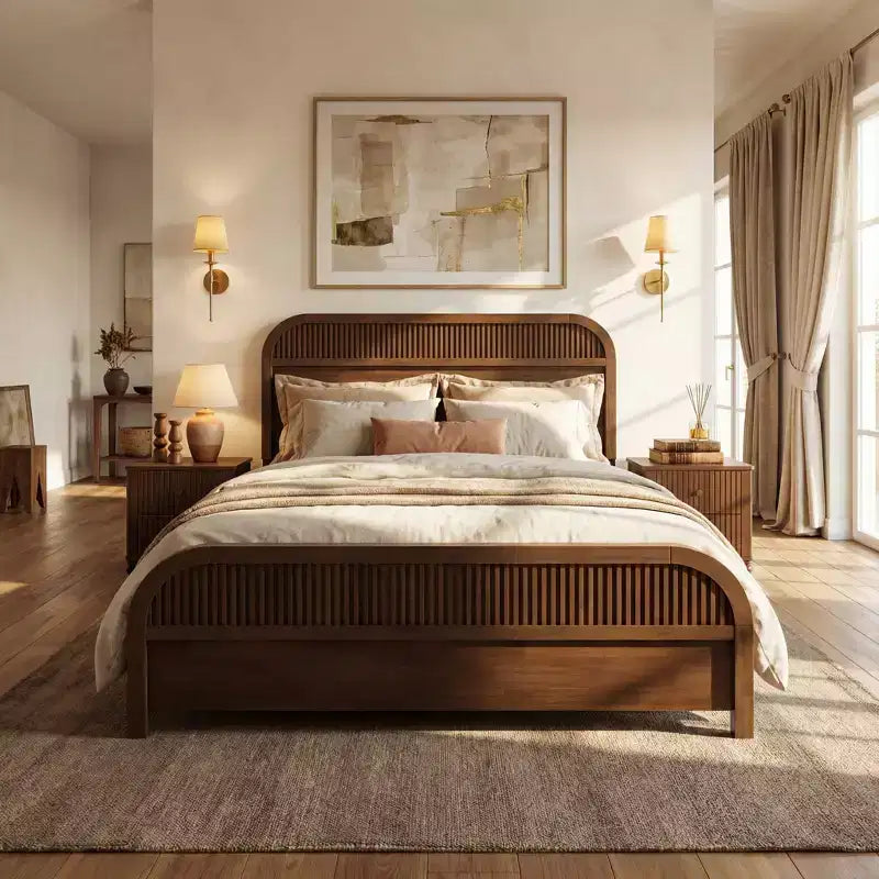Bennett Mid-Century Modern Wood Platform Bed Frame with Slat Headboard