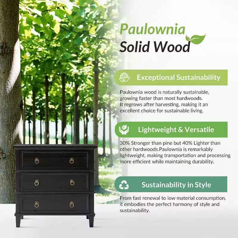 28W 3-Drawer Solid Wood End Table with Built-in Charging Station