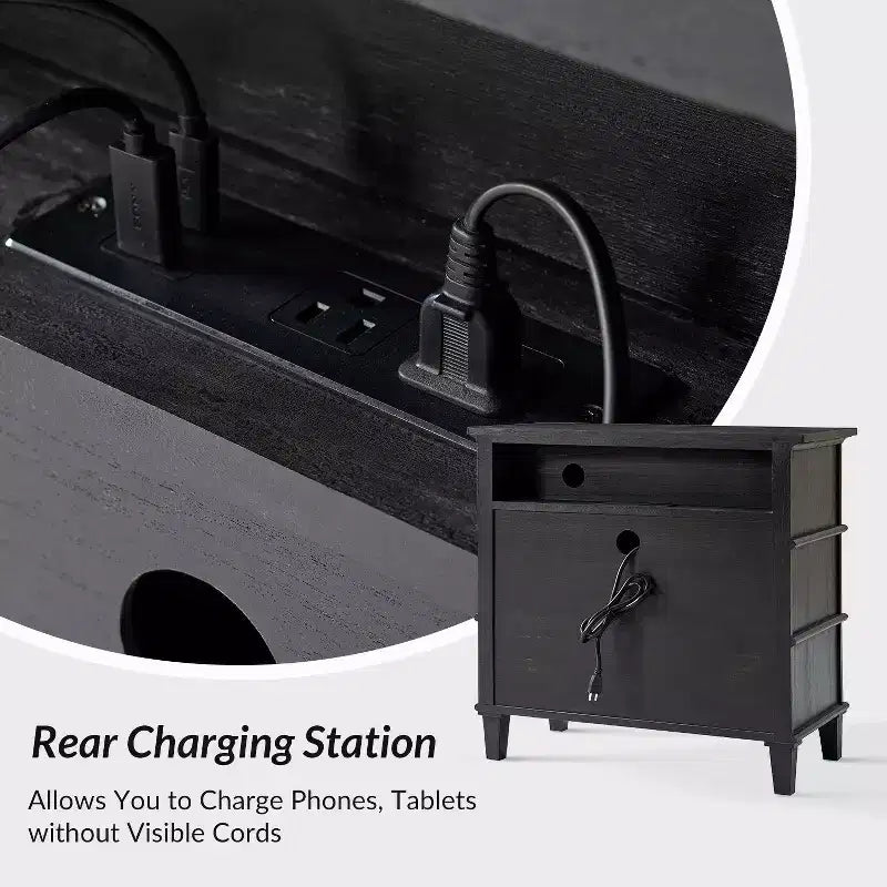 28W 3-Drawer Solid Wood End Table with Built-in Charging Station